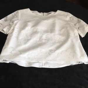 Cremieux short sleeved white lined blouse with floral lace overlay size Medium